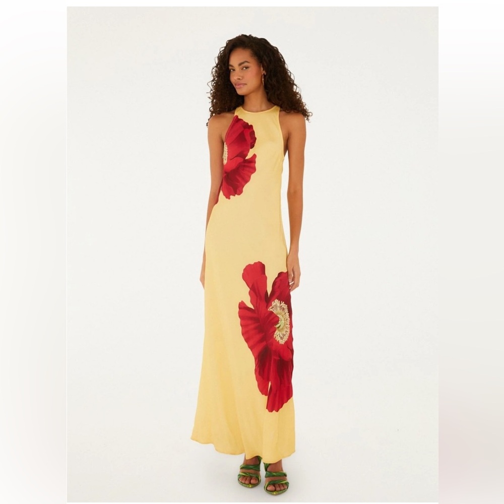 Farm Rio Light Yellow Poppy Flowers Sleeveless Maxi Dress size large